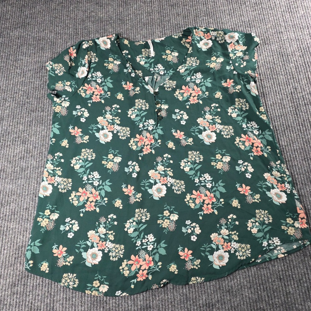 D.N.A. Couture Womens 3X Green Floral Henley Blouse‎ Short Sleeve V-Neck Top